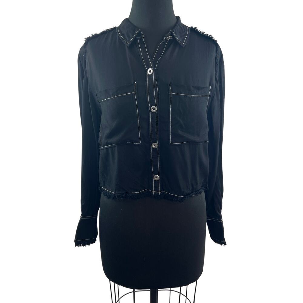By Anthropologie Black Frayed Crop Top Collared Classic Button-Up Size Small S